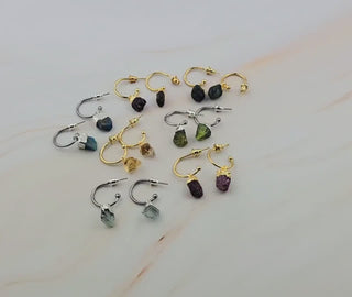 Raw Birthstone Hoop Earrings: Stainless Steel Dangle Hoops