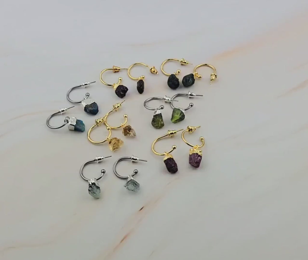 Raw Birthstone Hoop Earrings: Stainless Steel Dangle Hoops