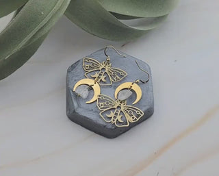 Mismatched Moth Earrings - Asymmetrical Crescent Moon Phase Earrings - Butterfly Bohemian Crystal Gemstone Wanderlust Jewelry