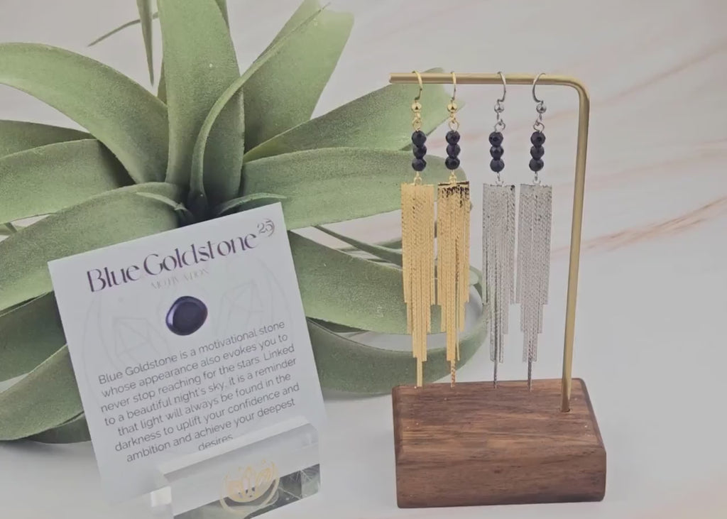 Blue Goldstone Tassel Earrings: Gemstone Duster Chain - Stainless Steel