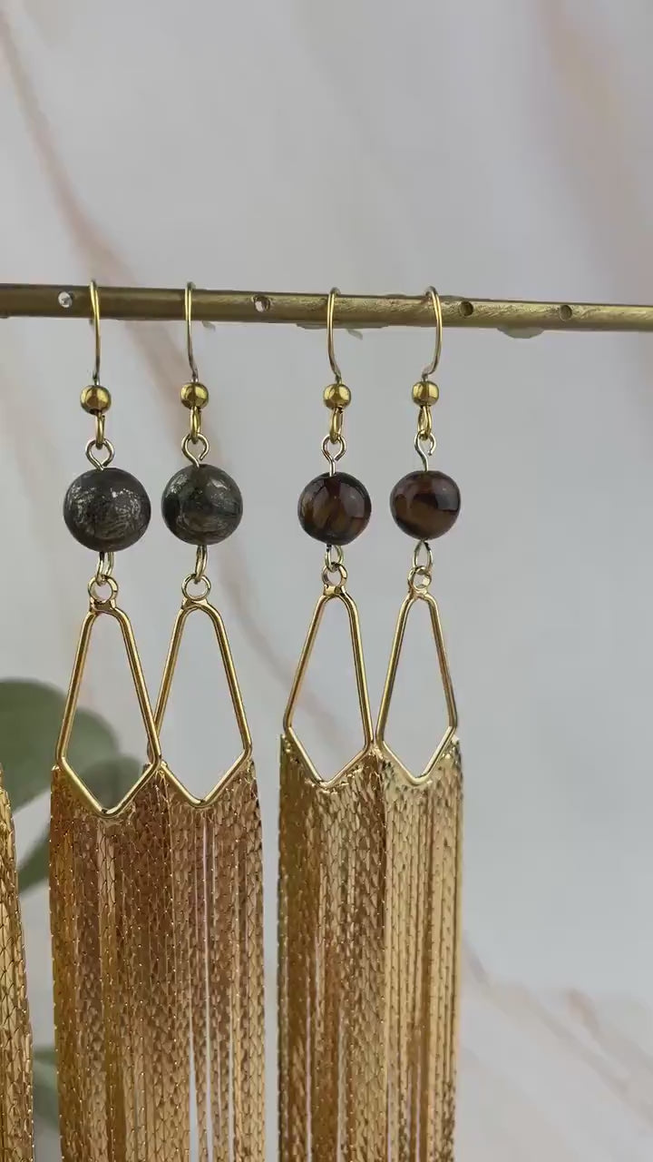 Gold Crystal Tassel Earrings - Long Fringe Chandelier Earrings