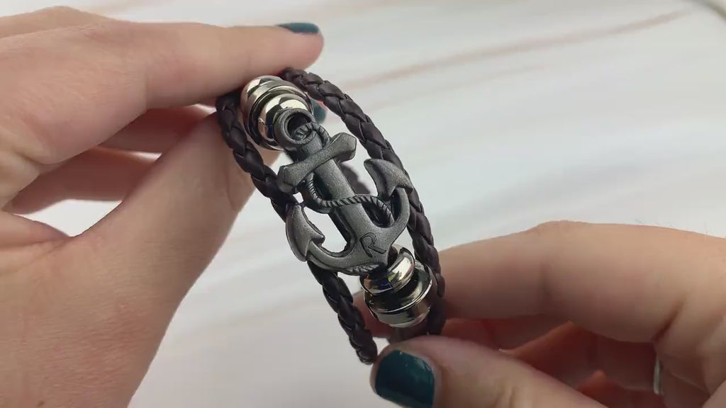 Gunmetal Anchor Leather Bracelet - Personalized Initial Charm