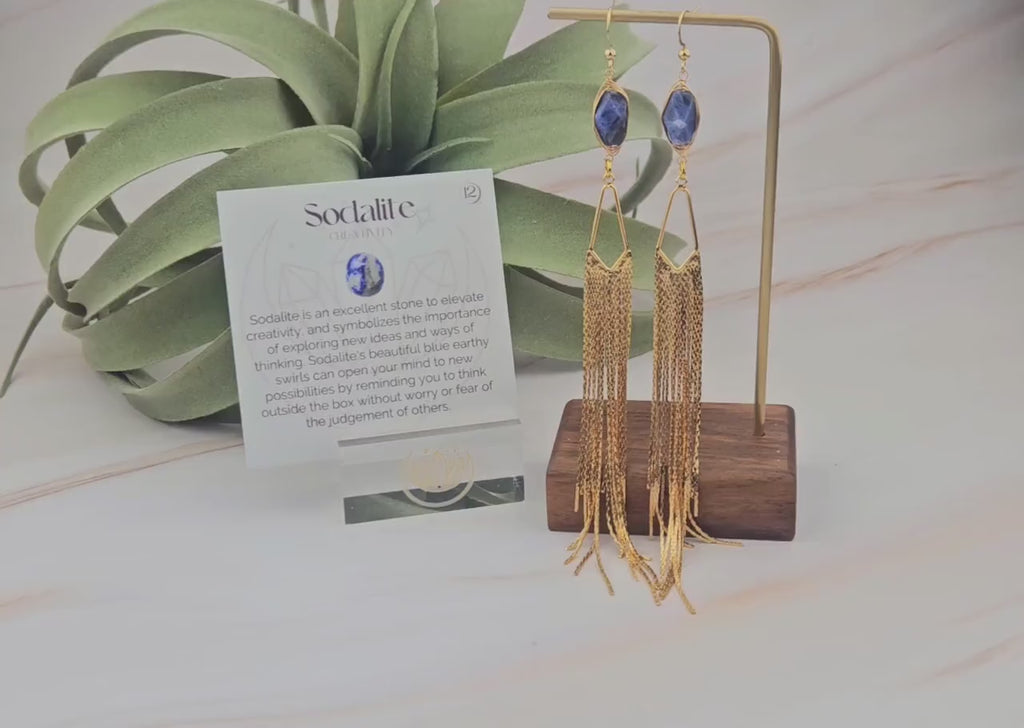 Sodalite Tassel Earrings  - Gold Chandelier Earrings - Gemstone Affirmation Jewelry - Mindfulness Gift