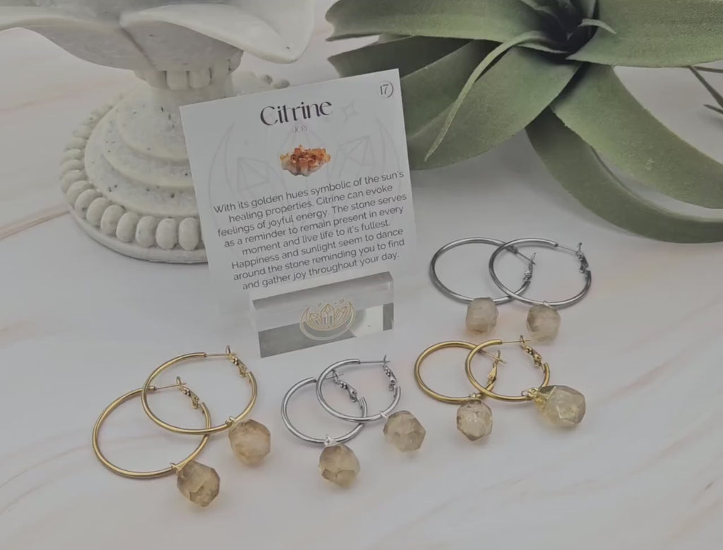 Citrine Hoop Earrings: Natural Gemstone, Stainless Steel, Hypoallergenic