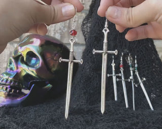 Sterling Silver Sword Earrings: Goth Witchy Birthstone Dangle