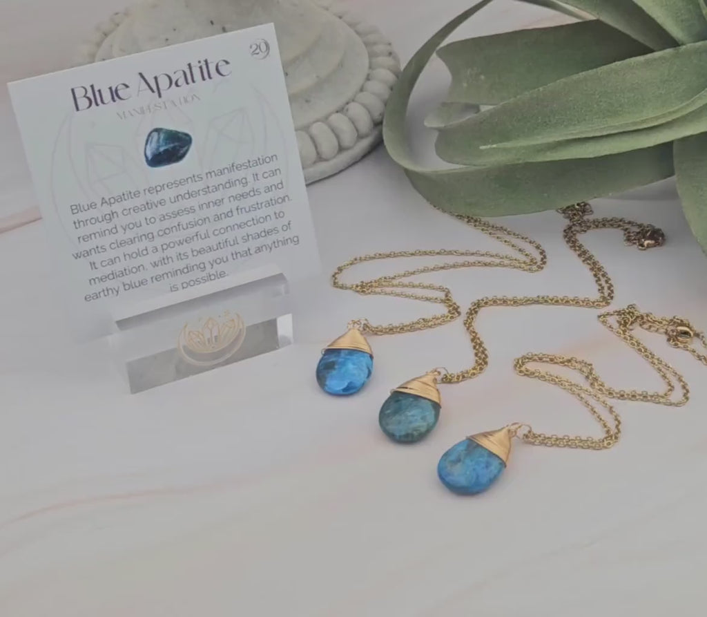 Blue Apatite Teardrop Necklace: Wire Wrapped Gemstone Jewelry