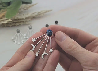 Silver Moon Star Earrings - Ear Jacket - Celestial-Inspired Space Jewelry